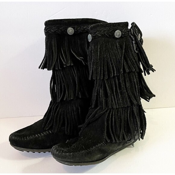 Minnetonka Moccasin Girls Black Boots 3 Layer Fringe Sz 12 Syle 2659 Leather - Picture 2 of 12
